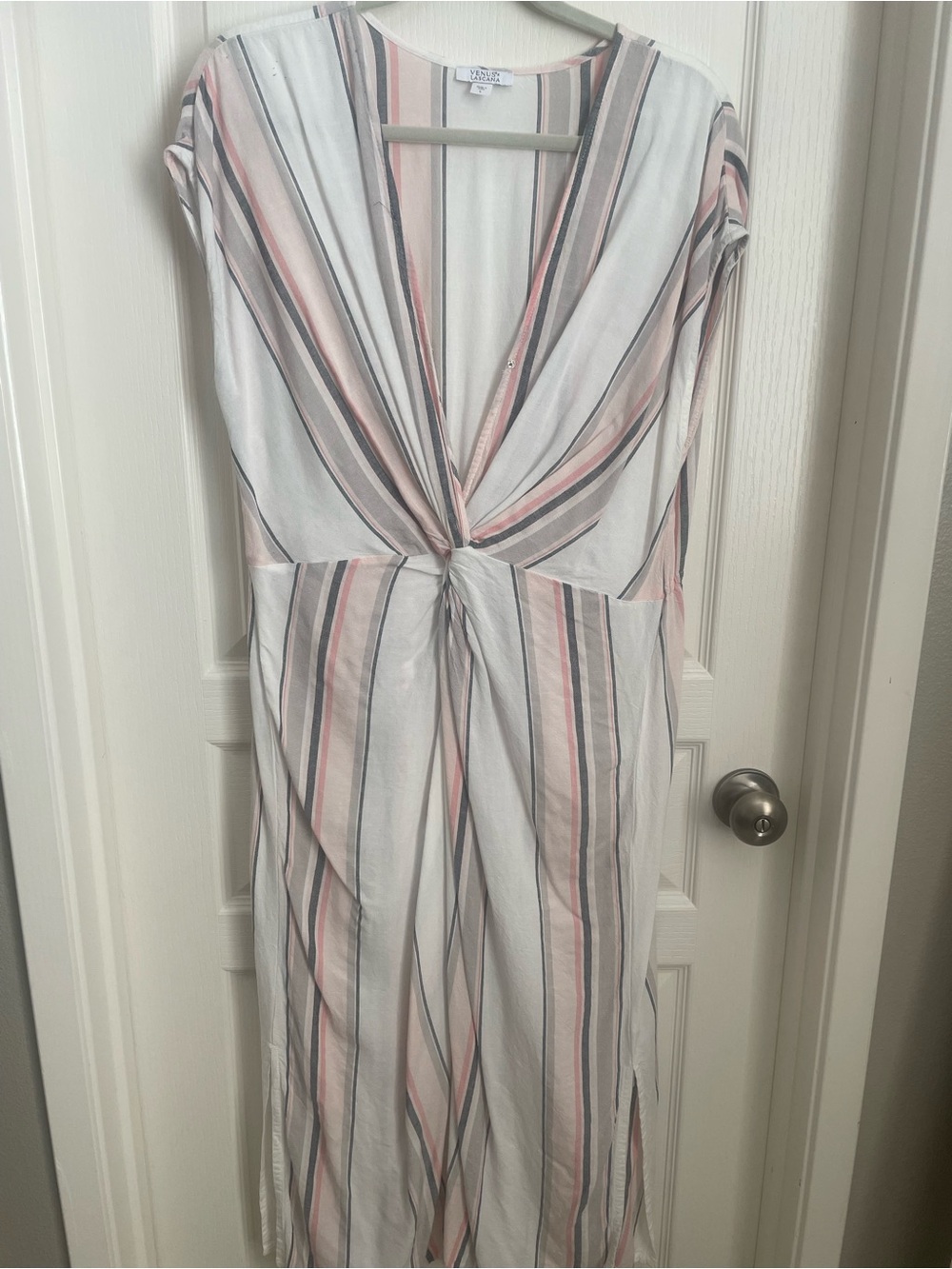 VENUS Striped Twist-Front Midi Dress in White, Pink and Gray